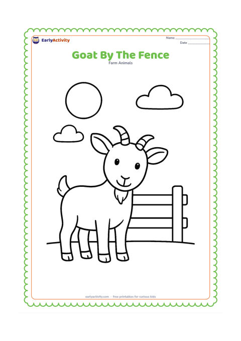 Colouring page: Draw one goat standing beside a short three-rail farm fence, facing the viewer. Include a broad sun circle and two simple clouds in the background.