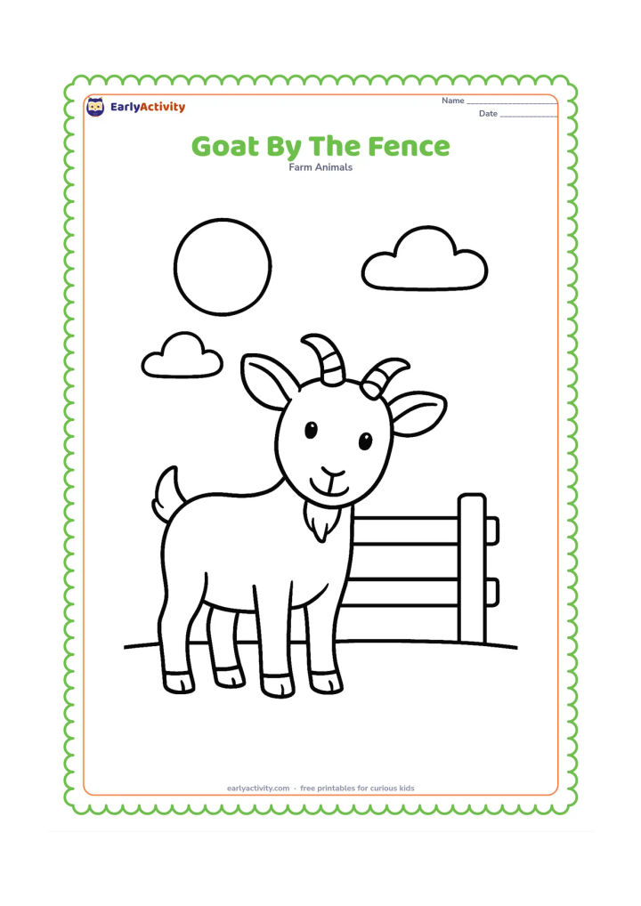 Colouring page: Draw one goat standing beside a short three-rail farm fence, facing the viewer. Include a broad sun circle and two simple clouds in the background.