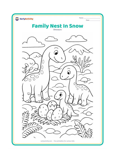 Colouring page: A gentle dinosaur family gathers around a nest of three eggs in a snowy prehistoric landscape. Add snow-covered ferns, rounded rocks, bare cycads, soft hills, and a hatchling peeking…