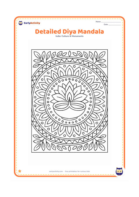 Colouring page: A central diya is surrounded by several concentric rings of petals, dots, leaves and geometric borders, forming a balanced circular design.