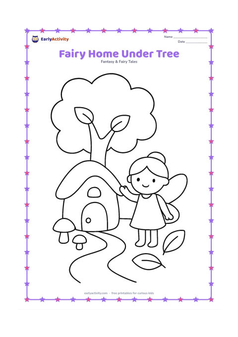 Colouring page: A tiny fairy house with a round door sits beneath a broad tree, with a fairy standing beside it and waving. Add a winding path, two mushrooms and a few large leaves.