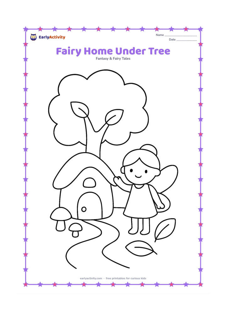 Colouring page: A tiny fairy house with a round door sits beneath a broad tree, with a fairy standing beside it and waving. Add a winding path, two mushrooms and a few large leaves.