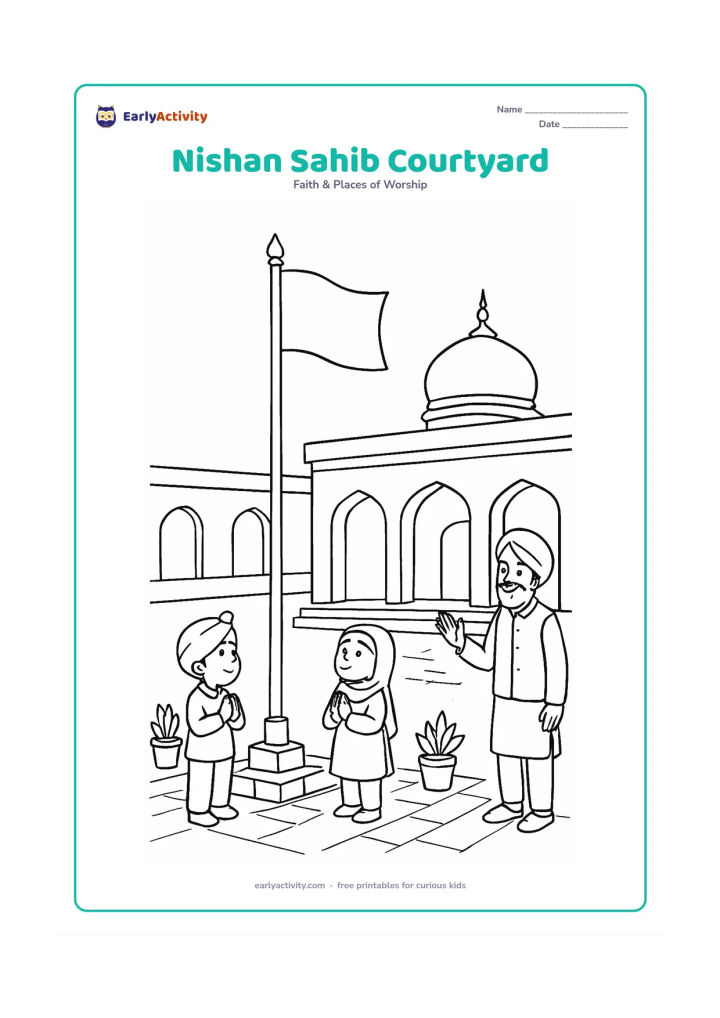 Colouring page: Draw the Nishan Sahib standing in a gurudwara courtyard, with two children looking up respectfully and a volunteer nearby. Include the dome, steps, arched doors, paving stones and potted…
