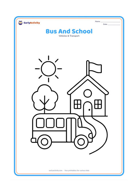Colouring page: Draw a large school bus parked outside a small school building with a roof, door, two windows, a flag with no markings, and a short path. Include a sun and one tree.