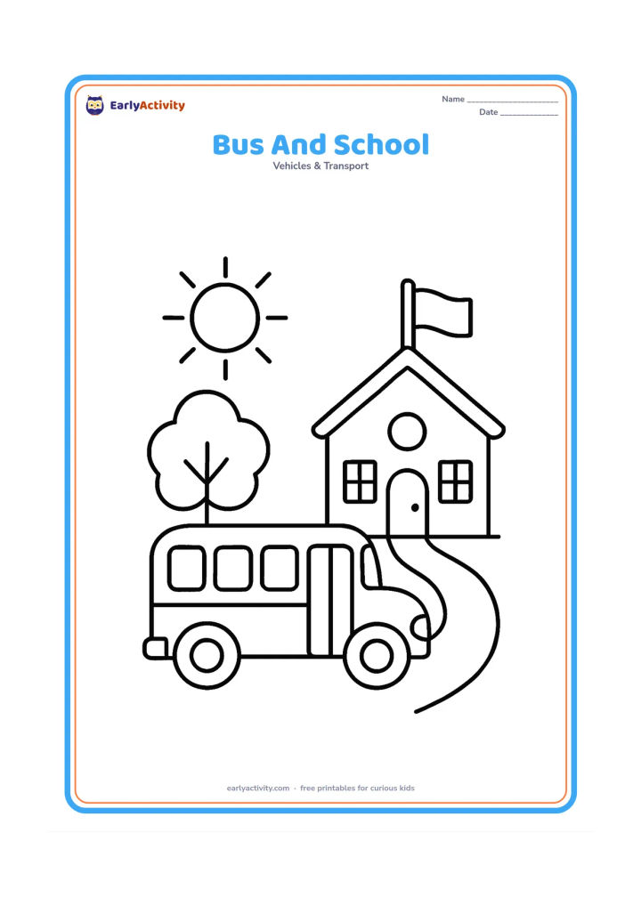 Colouring page: Draw a large school bus parked outside a small school building with a roof, door, two windows, a flag with no markings, and a short path. Include a sun and one tree.