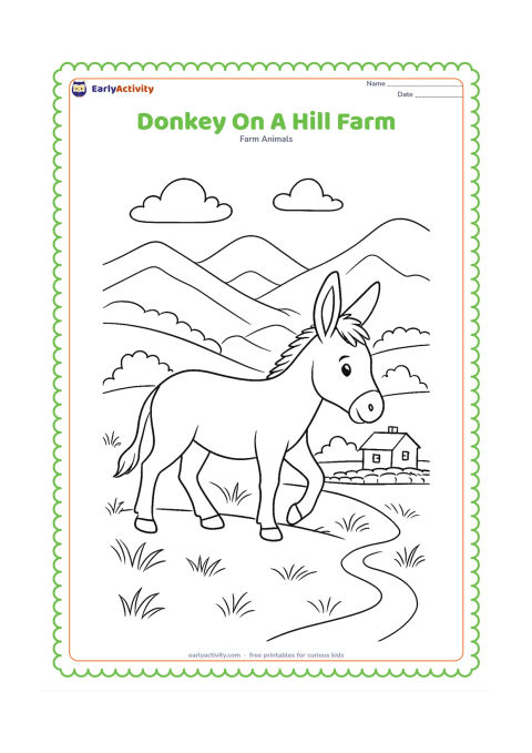 Colouring page: A donkey walks across a hillside pasture with layered mountain slopes, stone edging, a small farmhouse and wind-shaped grass. Add a few clouds and a narrow winding path.