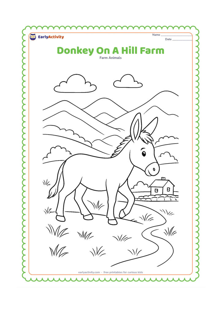 Colouring page: A donkey walks across a hillside pasture with layered mountain slopes, stone edging, a small farmhouse and wind-shaped grass. Add a few clouds and a narrow winding path.