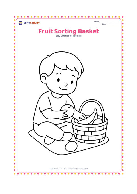 Colouring page: Draw a child sitting beside a basket and sorting a round apple, banana and mango into the basket, with a low mat beneath them.