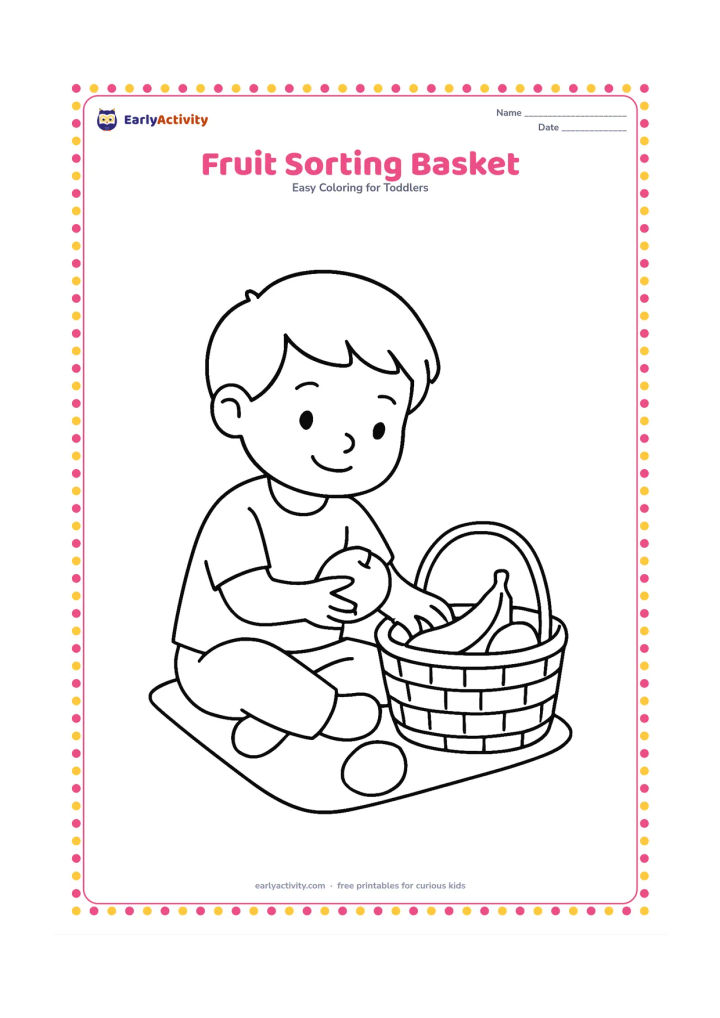 Colouring page: Draw a child sitting beside a basket and sorting a round apple, banana and mango into the basket, with a low mat beneath them.