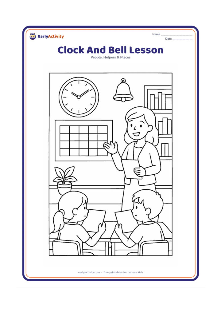 Colouring page: A teacher explains the school day beside a large wall clock and a bell while children compare a blank timetable sheet at their desks. Include a calendar-like blank grid, a shelf of…