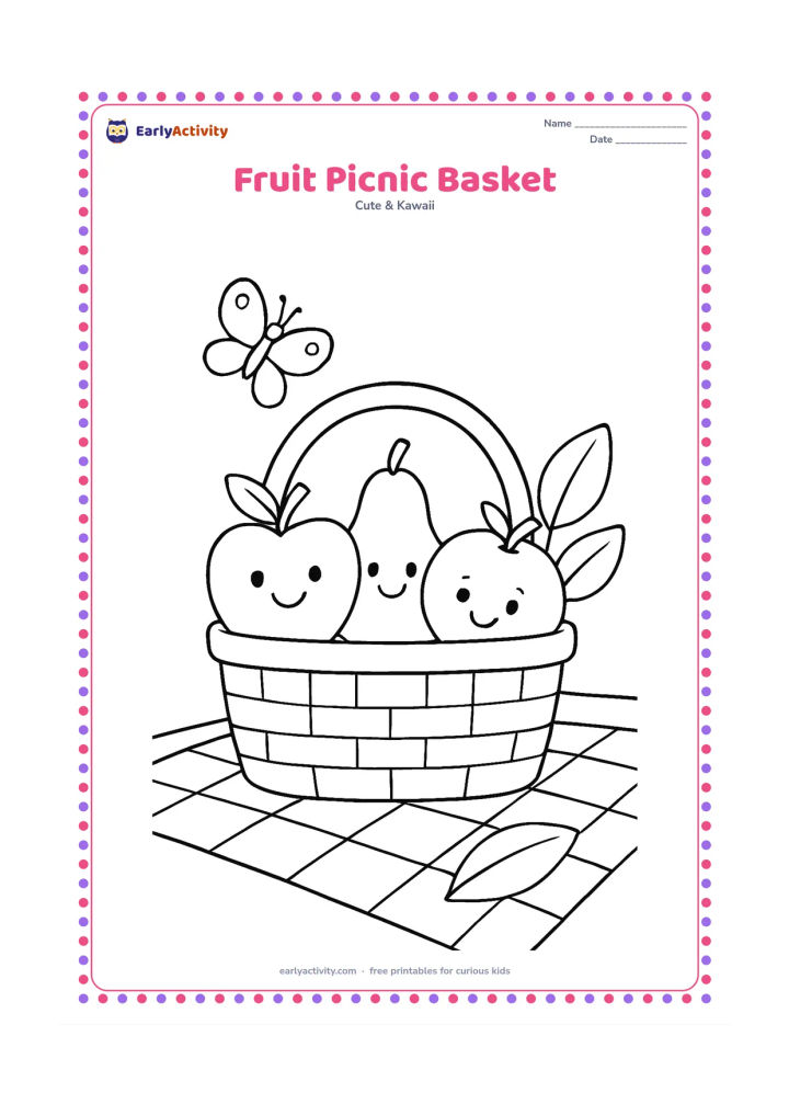 Colouring page: Draw a smiling apple, pear and orange peeking from a small picnic basket on a checked blanket. Add one simple butterfly and two broad leaves nearby.