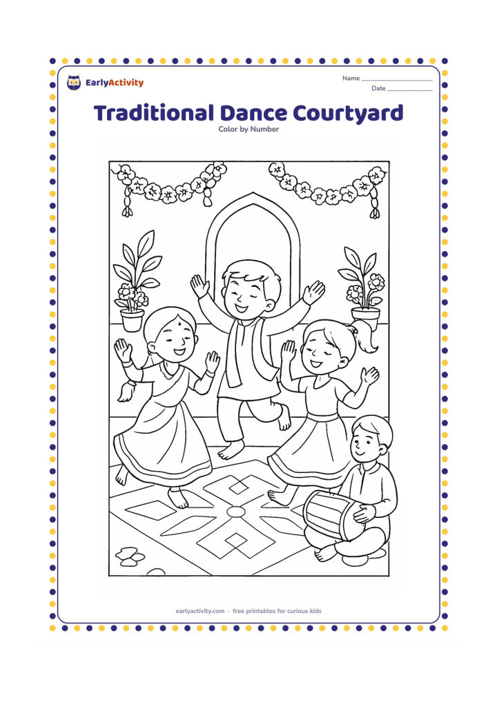 Colouring page: Draw three children performing a joyful traditional dance in a decorated courtyard, with a musician seated beside a simple drum. Add floor patterns made only from geometric shapes,…
