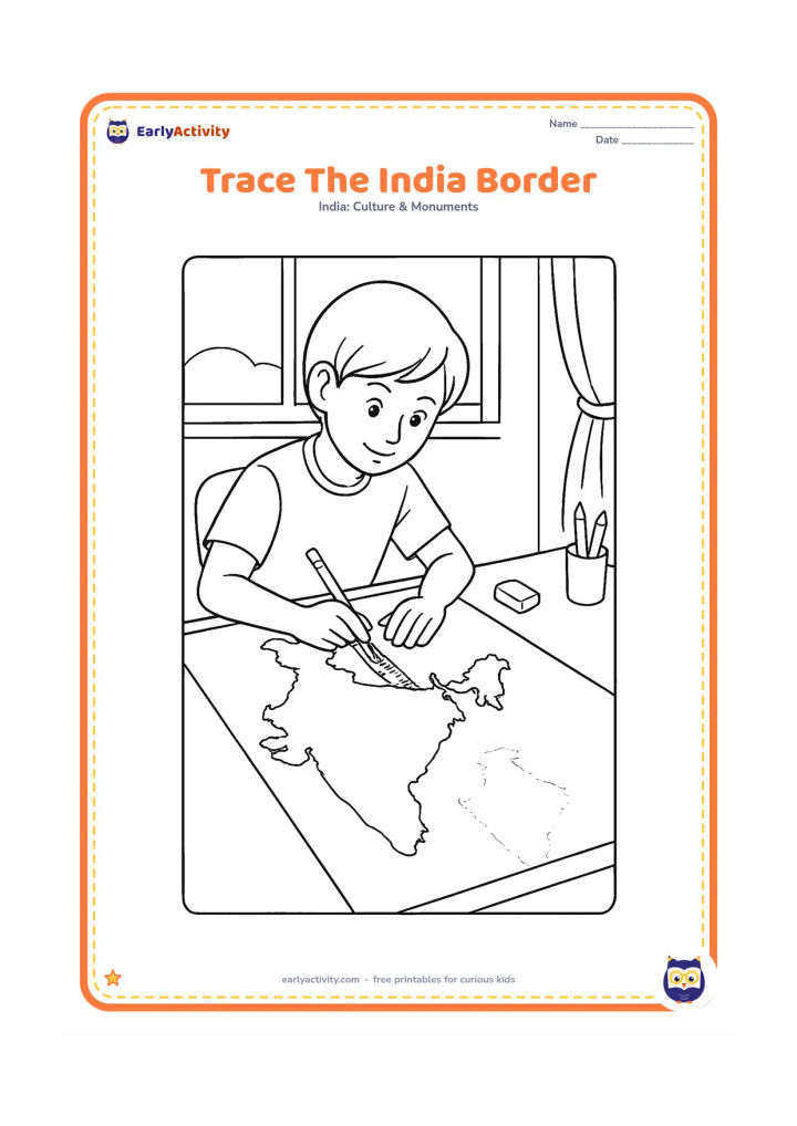 Colouring page: Show an older child carefully tracing the full outline of India on a large sheet, with a ruler, pencil, eraser, and a second faint practice outline beneath it. Include a quiet study desk…