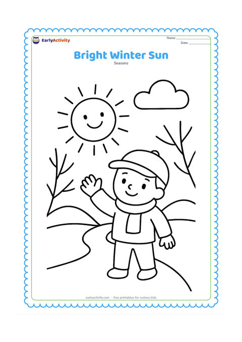 Colouring page: A cheerful round sun low above simple hills, with a child in a cap and scarf waving from a path in the foreground. Add two large clouds and a few bare tree branches.