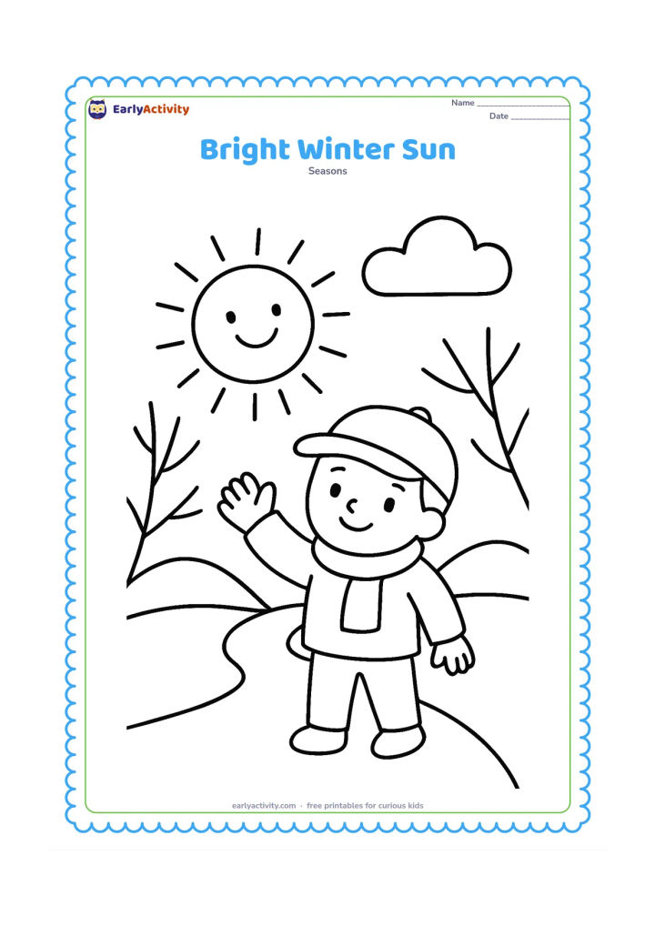 Colouring page: A cheerful round sun low above simple hills, with a child in a cap and scarf waving from a path in the foreground. Add two large clouds and a few bare tree branches.