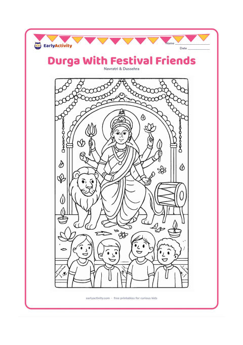Colouring page: Show Durga peacefully surrounded by her lion, lotus flowers, diyas, a dhak, and smiling children in festive clothing gathered at the foot of a decorated pandal. Include layered garlands…