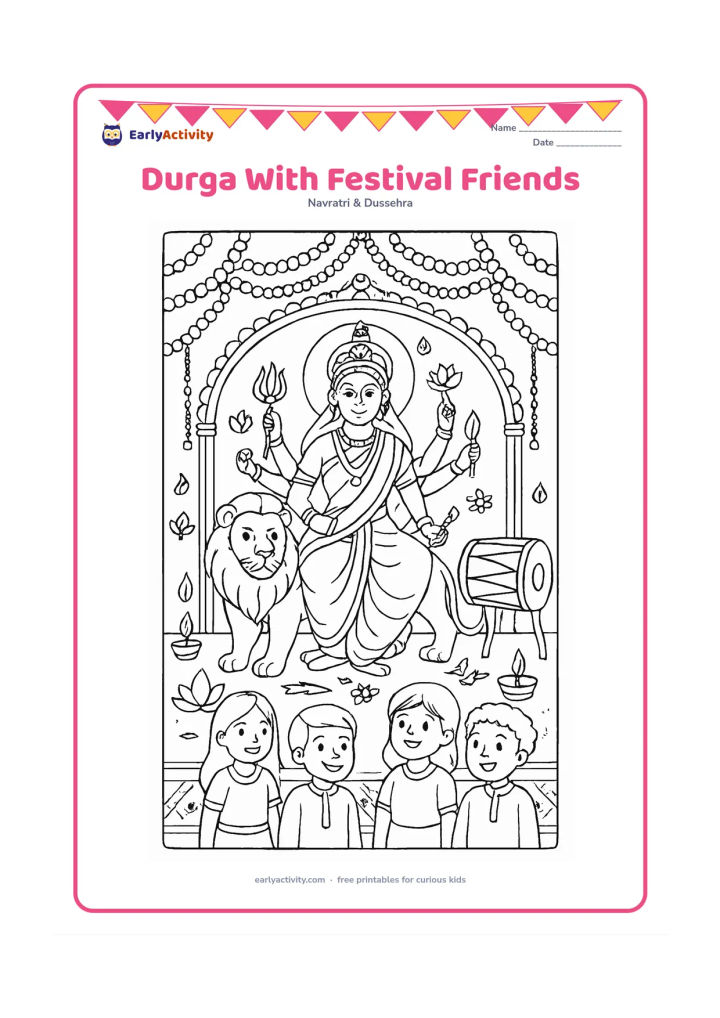 Colouring page: Show Durga peacefully surrounded by her lion, lotus flowers, diyas, a dhak, and smiling children in festive clothing gathered at the foot of a decorated pandal. Include layered garlands…