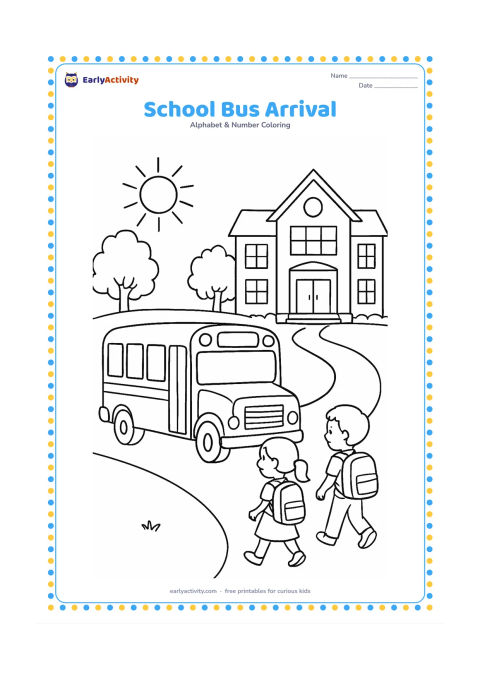 Colouring page: A simple school bus waits outside a school building while two children with backpacks walk toward it. Include trees, a path and a sun, but keep the bus windows, sign areas and bags…