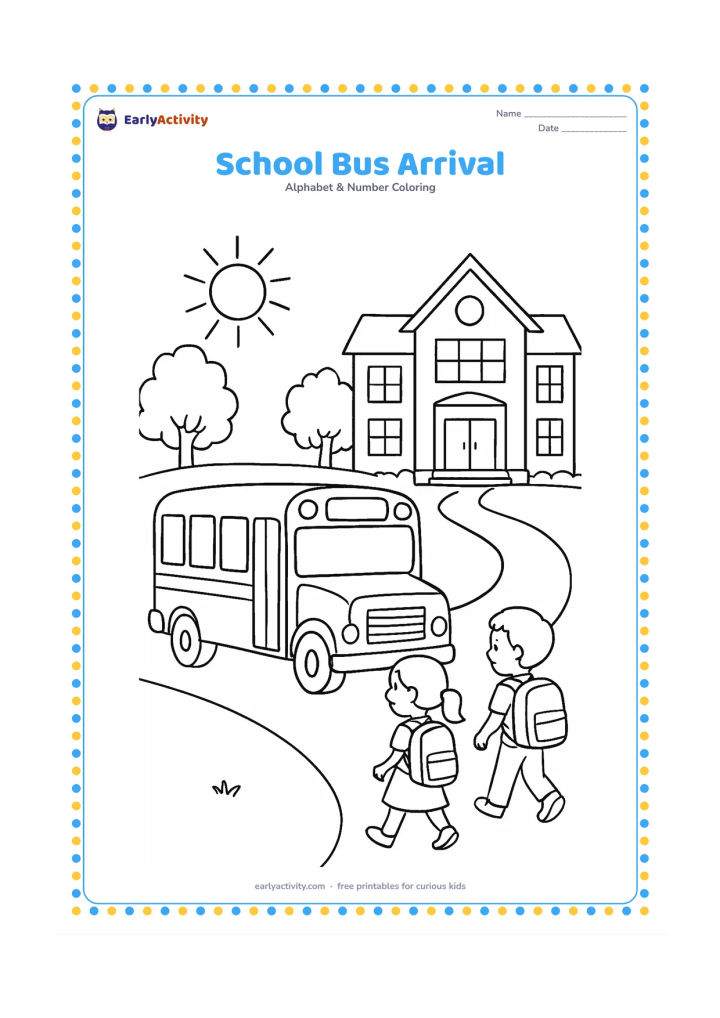 Colouring page: A simple school bus waits outside a school building while two children with backpacks walk toward it. Include trees, a path and a sun, but keep the bus windows, sign areas and bags…