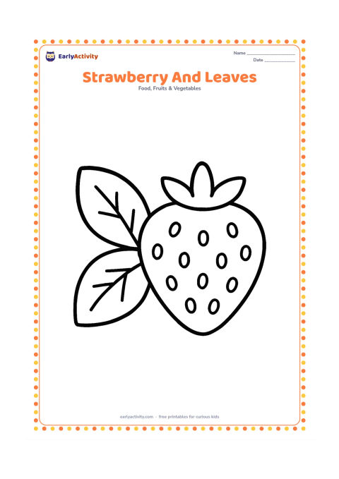 Colouring page: Draw one large strawberry beside two broad simple leaves, showing the pointed fruit shape, leafy calyx, and a small group of large seed dots.