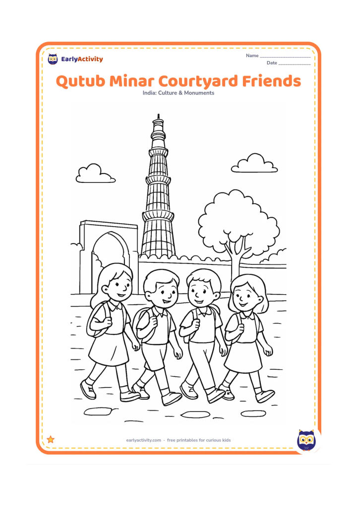 Colouring page: Draw four schoolchildren walking together through the Qutb complex courtyard while Qutub Minar rises behind them. Add an arch, a low wall, trees, and scattered paving stones.