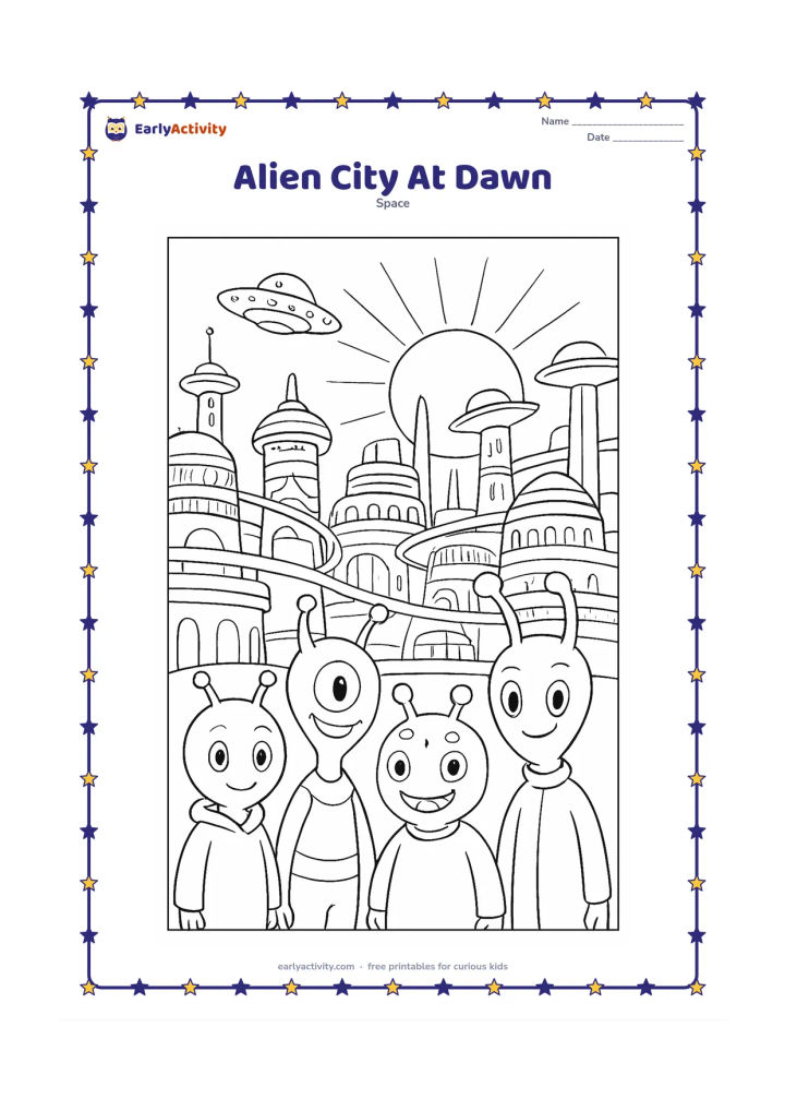 Colouring page: Draw several cheerful aliens travelling through a futuristic alien city at dawn, with rounded towers, elevated walkways, flying saucers, and a large sun rising behind the skyline.…