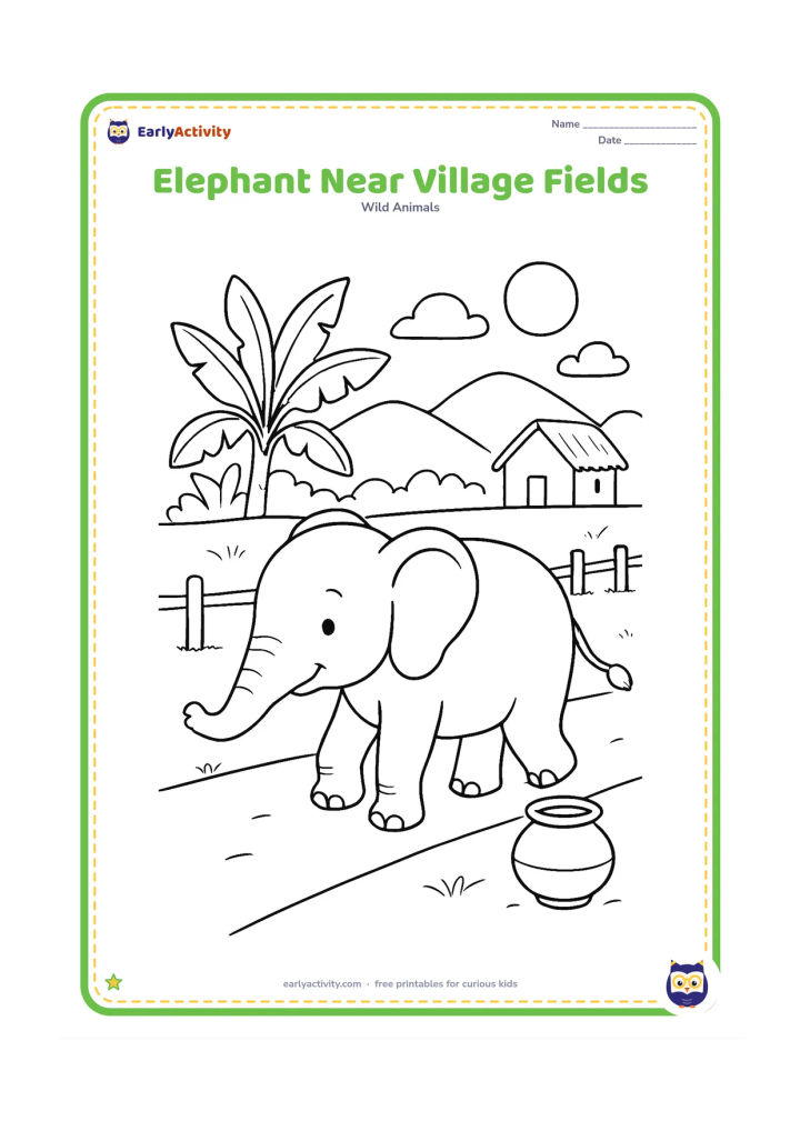 Colouring page: A friendly elephant walks along the edge of an Indian field beside a line of simple fence posts. Include banana plants, a distant hut without signs, and a water pot near the path.