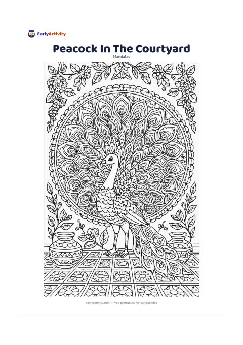 Colouring page: Show a peacock standing in the centre with its tail fully fanned into the main mandala circle. Build repeating feather eyes, marigold garlands, patterned floor tiles, clay pots, and…