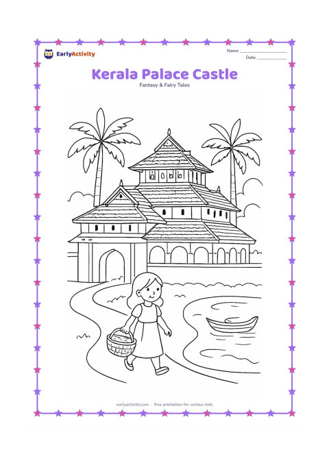 Colouring page: Draw a castle-like Kerala palace with sloping tiled roofs, a courtyard gate, palm trees, a pond, and a small traditional boat nearby. Include a child carrying a basket along the path.