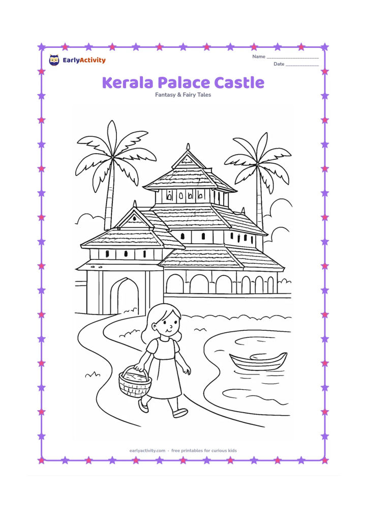 Colouring page: Draw a castle-like Kerala palace with sloping tiled roofs, a courtyard gate, palm trees, a pond, and a small traditional boat nearby. Include a child carrying a basket along the path.