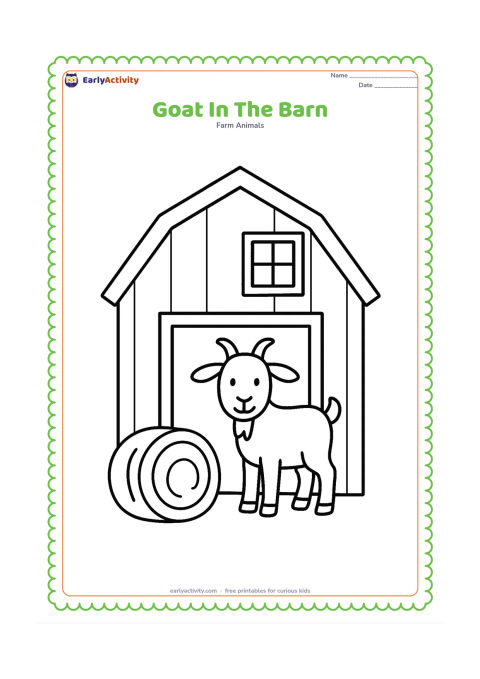Colouring page: Draw a goat standing in the open doorway of a simple barn, with a large hay bale and one window behind it. The barn should have plain panels without any signs or writing.