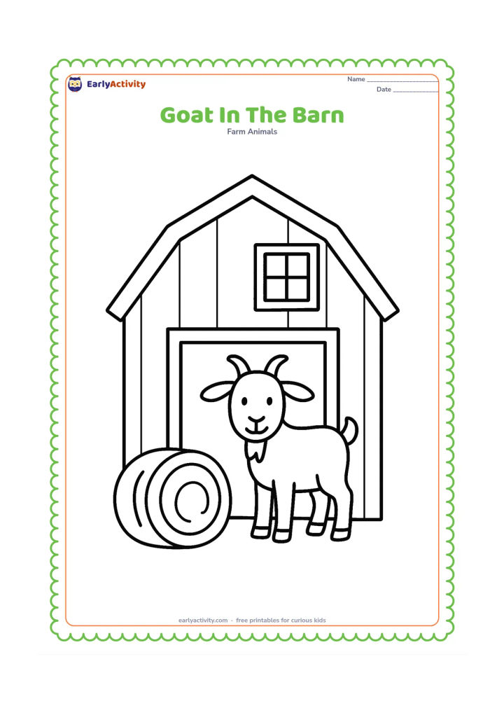 Colouring page: Draw a goat standing in the open doorway of a simple barn, with a large hay bale and one window behind it. The barn should have plain panels without any signs or writing.
