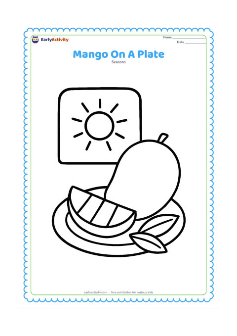 Colouring page: A large sliced mango and a whole mango sit on a round plate, with two leaves beside them. Add a simple sunny window shape in the background without any panes or marks.