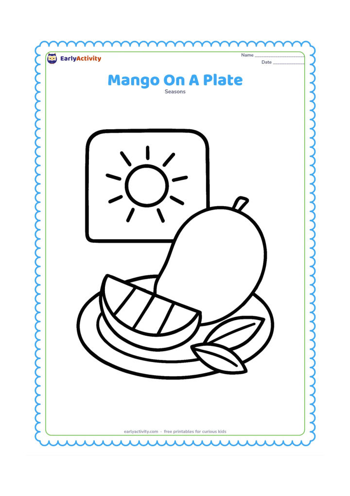 Colouring page: A large sliced mango and a whole mango sit on a round plate, with two leaves beside them. Add a simple sunny window shape in the background without any panes or marks.