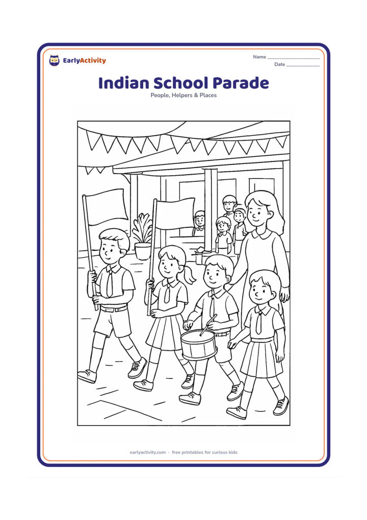 Colouring page: Children in neat school uniforms march across a school courtyard with a teacher, carrying plain flags and playing a drum. Add decorated but text-free bunting, a veranda, potted plants…