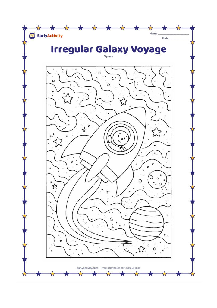 Colouring page: A small research spacecraft travels through an irregular galaxy made of overlapping clouds, dust lanes, star clusters and distant planets. Include a curved flight path, a nearby moon and…
