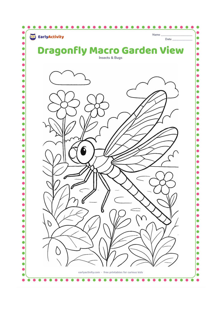 Colouring page: A close-up dragonfly fills the foreground while a garden with flowers, textured leaves, dew drops, and a blurred pond area appears behind it. Show detailed eyes, body segments, legs,…