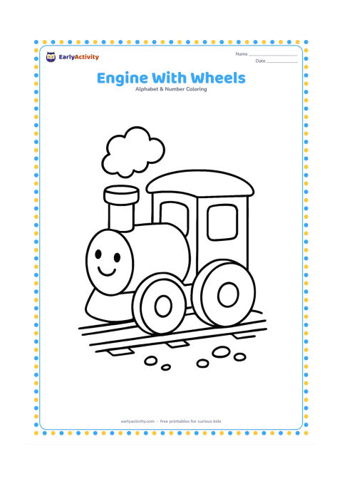 Colouring page: Draw a cheerful rounded toy engine with two large wheels, a short smokestack and a small cloud of steam. Place it on two simple rails with a few pebbles below.