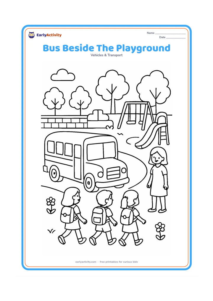 Colouring page: Draw a school bus parked beside a playground, with three children wearing backpacks walking together toward a slide and swings while a teacher watches from the path. Add a few trees,…