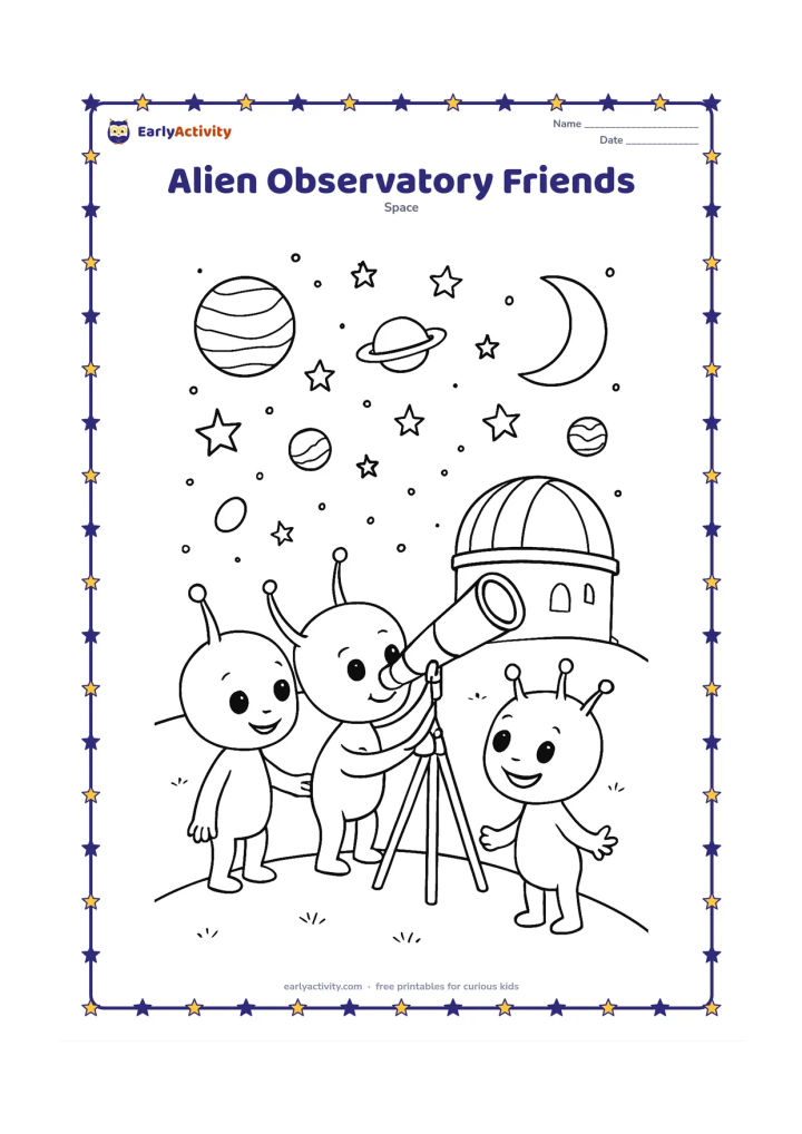 Colouring page: Draw three friendly aliens taking turns looking through a large telescope on a hilltop observatory. Surround them with a domed building, star-filled sky, several planets, and a crescent…