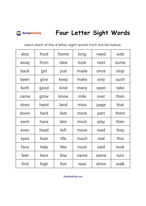 Worksheet showing a grid of four-letter sight words for children to read and learn.