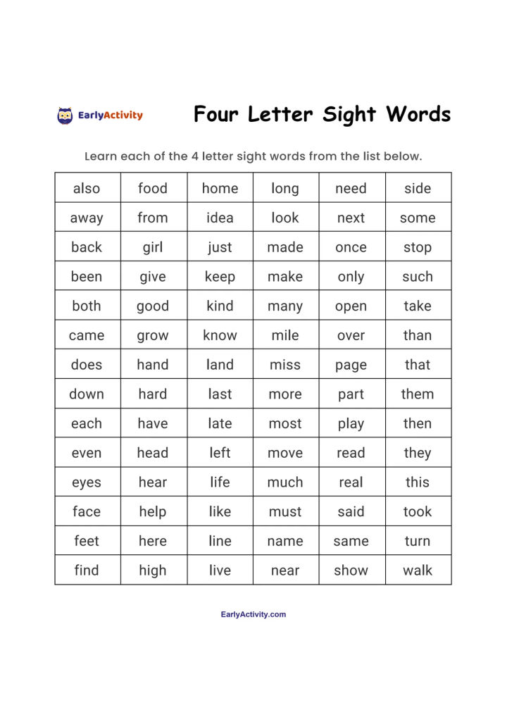 Worksheet showing a grid of four-letter sight words for children to read and learn.