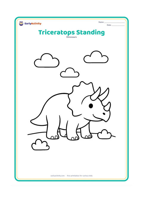 Colouring page: A full-body triceratops standing in side view with its feet planted firmly on the ground. Add only two small bushes and a few rounded clouds.