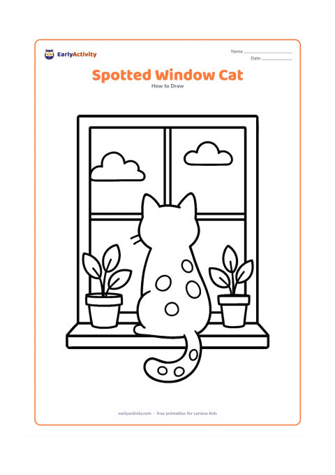 Worksheet: Draw a cat sitting on a wide windowsill and looking outside, with a few rounded spots on its back and tail. Include a simple window frame, two potted leaves, and a small view of clouds…