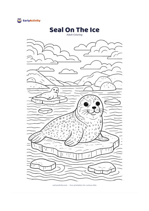Colouring page: Draw a friendly seal resting on a flat ice floe beside calm polar water. Include another seal in the distance, simple snow-covered rocks, drifting ice pieces, soft wave patterns and a…
