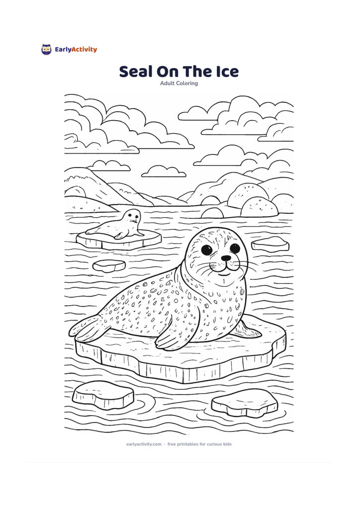 Colouring page: Draw a friendly seal resting on a flat ice floe beside calm polar water. Include another seal in the distance, simple snow-covered rocks, drifting ice pieces, soft wave patterns and a…