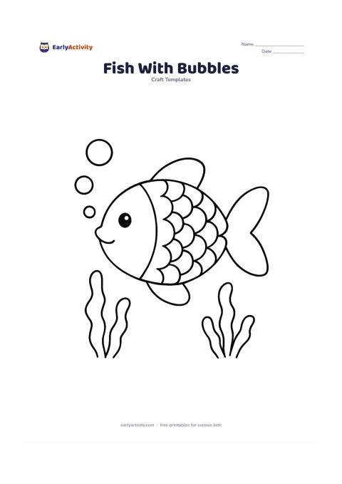 Worksheet: Draw one large side-view fish with a rounded body, clear fins and a wide tail, swimming past three big bubbles and two simple seaweed shapes. Leave generous spaces for colouring scale…
