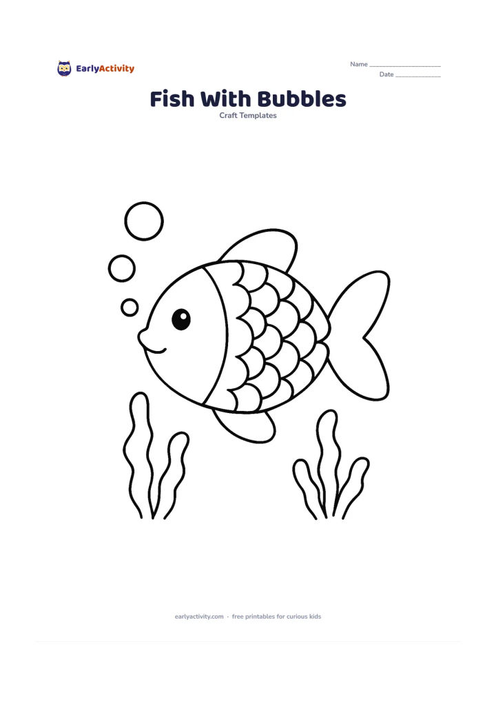 Worksheet: Draw one large side-view fish with a rounded body, clear fins and a wide tail, swimming past three big bubbles and two simple seaweed shapes. Leave generous spaces for colouring scale…