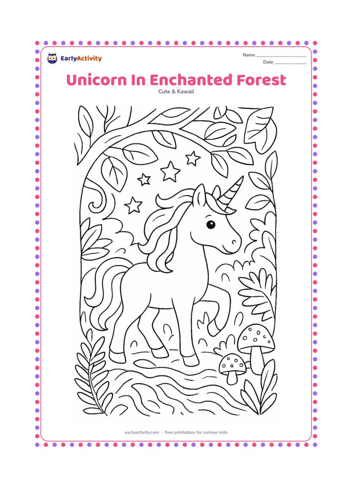 Colouring page: A unicorn steps through an imaginative forest filled with curling tree roots, layered leaves, mushrooms, ferns and floating stars. Frame the unicorn with branches while leaving its face,…