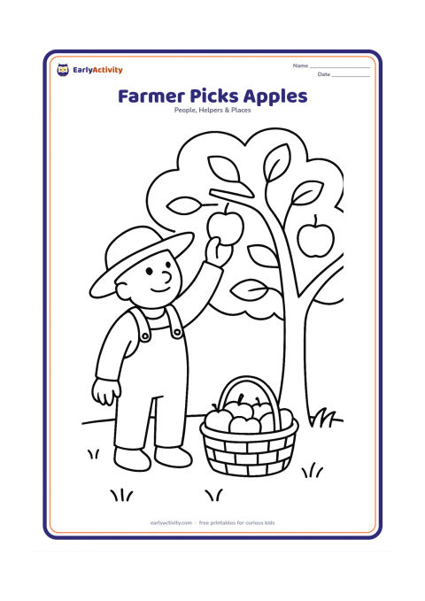 Colouring page: A farmer reaches up to pick one apple from a low fruit tree while a basket of apples rests on the ground. Show a few large leaves and a simple grassy field.